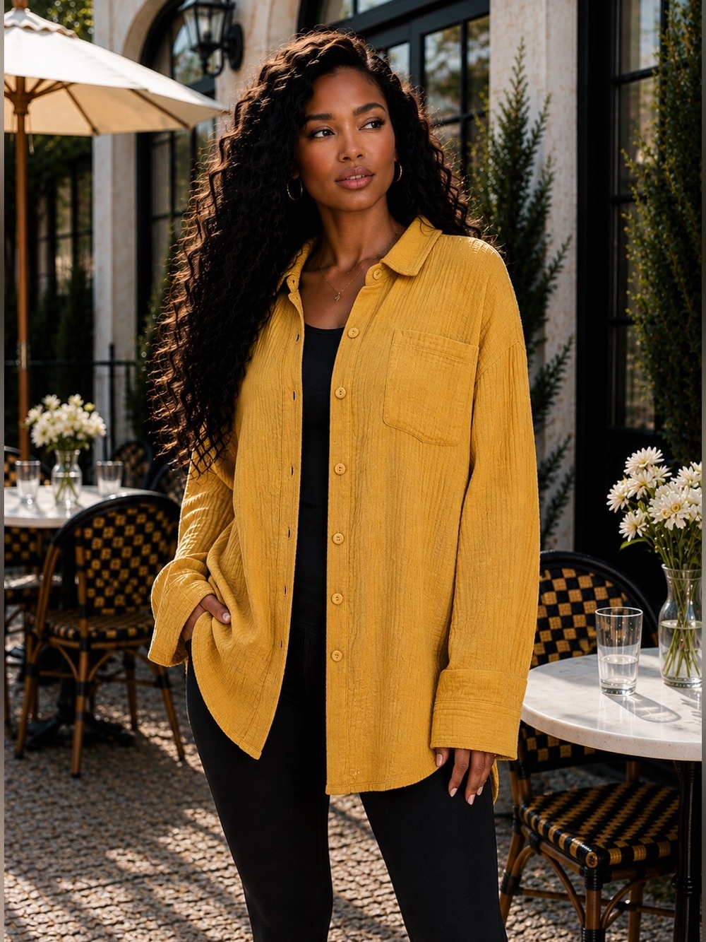 Women's Mustard Button-Down Shirt - Relaxed Collar Shirt